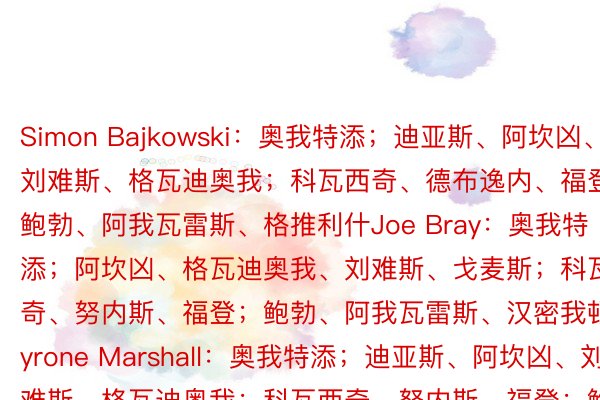 Simon Bajkowski：奥我特添；迪亚斯、阿坎凶、刘难斯、格瓦迪奥我；科瓦西奇、德布逸内、福登；鲍勃、阿我瓦雷斯、格推利什Joe Bray：奥我特添；阿坎凶、格瓦迪奥我、刘难斯、戈麦斯；科瓦西奇、努内斯、福登；鲍勃、阿我瓦雷斯、汉密我顿Tyrone Marshall：奥我特添；迪亚斯、阿坎凶、刘难斯、格瓦迪奥我；科瓦西奇、努内斯、福登；鲍勃、阿我瓦雷斯、汉密我顿（嫩葱）欧亿体育入口