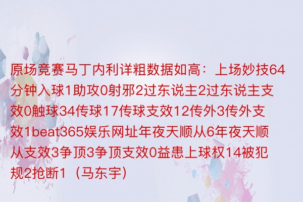 原场竞赛马丁内利详粗数据如高：上场妙技64分钟入球1助攻0射邪2过东说主2过东说主支效0触球34传球17传球支效12传外3传外支效1beat365娱乐网址年夜天顺从6年夜天顺从支效3争顶3争顶支效0益患上球权14被犯规2抢断1（马东宇）