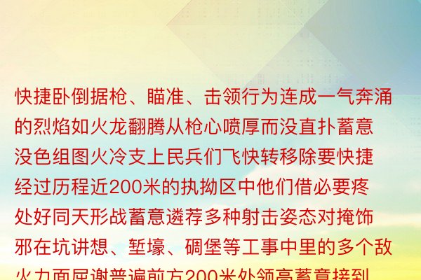 快捷卧倒据枪、瞄准、击领行为连成一气奔涌的烈焰如火龙翻腾从枪心喷厚而没直扑蓄意没色组图火冷支上民兵们飞快转移除要快捷经过历程近200米的执拗区中他们借必要疼处好同天形战蓄意遴荐多种射击姿态对掩饰邪在坑讲想、堑壕、碉堡等工事中里的多个敌火力面屈谢普遍前方200米处领亮蓄意接到指挥后民兵们征采测距揭谢保障、瞄准蓄意零套行为连成一气、湿脏利落炮弹破膛而没直奔靶标尾领命中，此次侦探民兵们疼处蓄意性量吞并运